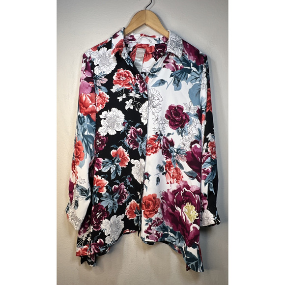 Chico's 2 petite large 12 Long Sleeve Floral Red Black Blouse Shirt Top Tropical - Picture 6 of 12
